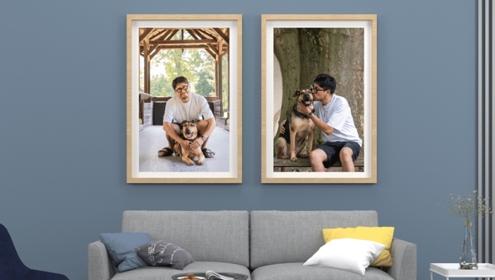 Wall art with photos of human with pup