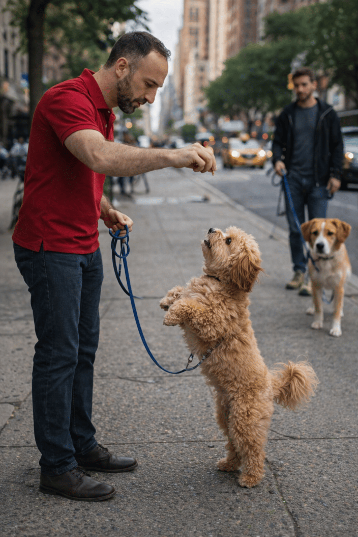 Pepe training dog in urban NYC streets