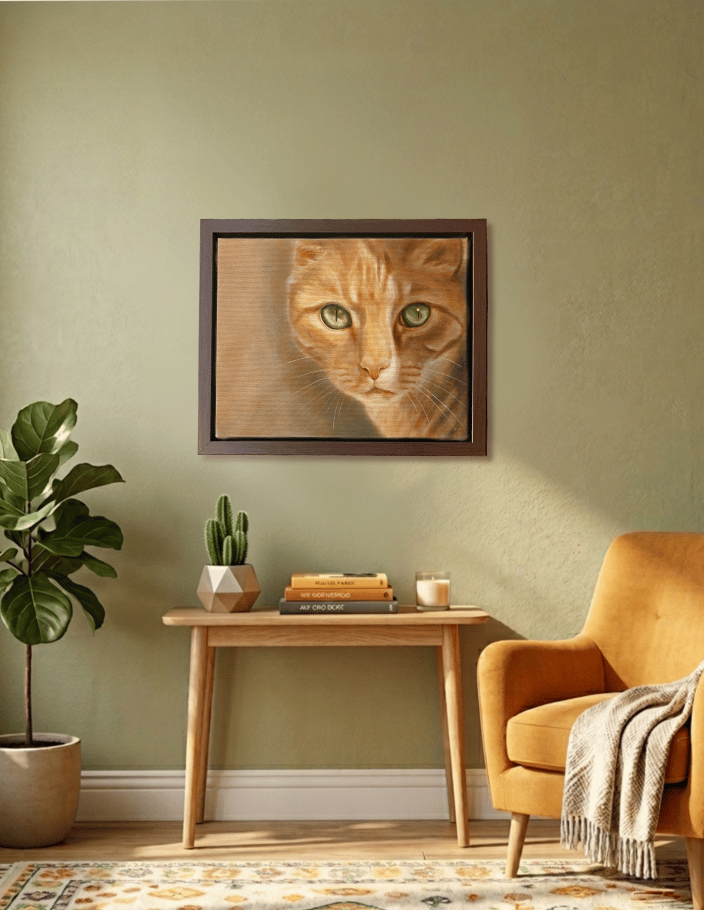 large framed canvas of dramatic orange tabby portrait