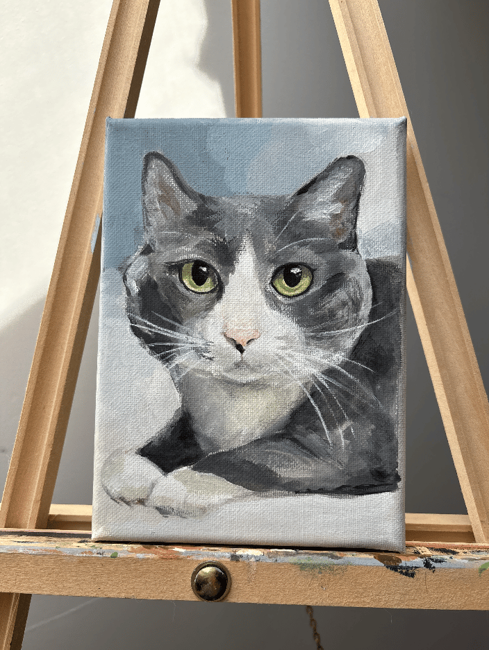 Hand-painted acrylic portrait of Lady the cat