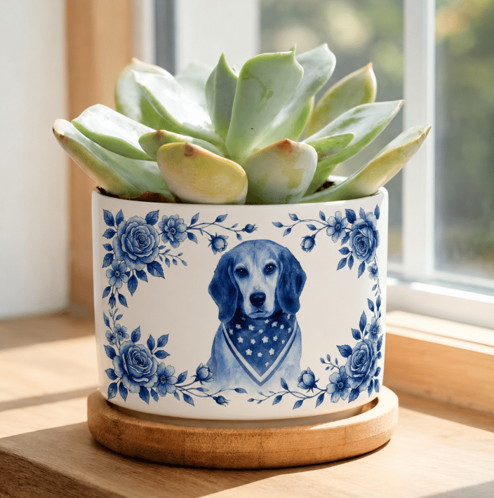 Dog on flower pot