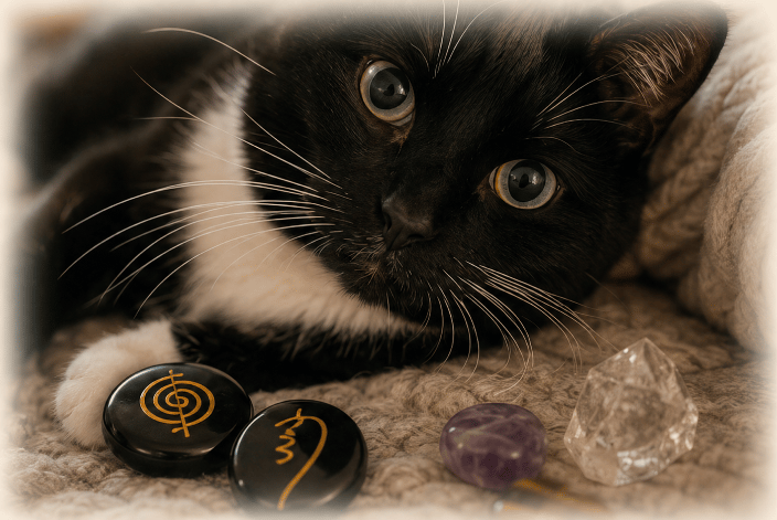 Tippi Toes the Tuxedo Cat enjoys Reiki for her anxiety and arthritis (she also enjoys the crystals)