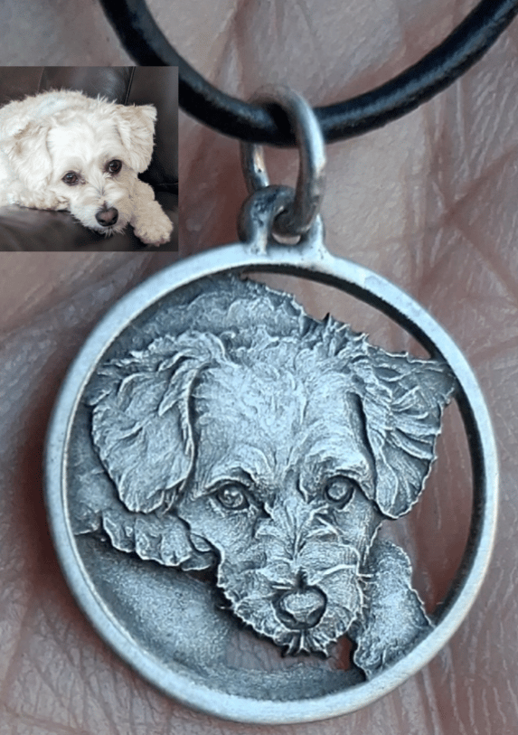 This was my dog Biscuit. He was the first portrait I had ever made. The silver is from a 1964 Roosevelt silver dime that I inherited from my grandfather. He was the first and will always be t
