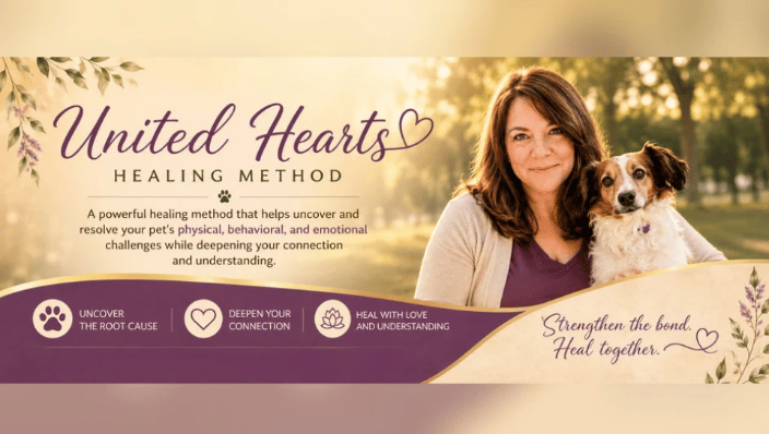 Cheryl Harbison, founder of United Hearts Healing, with my dog Lindy, representing my work in animal communication and energy healing.