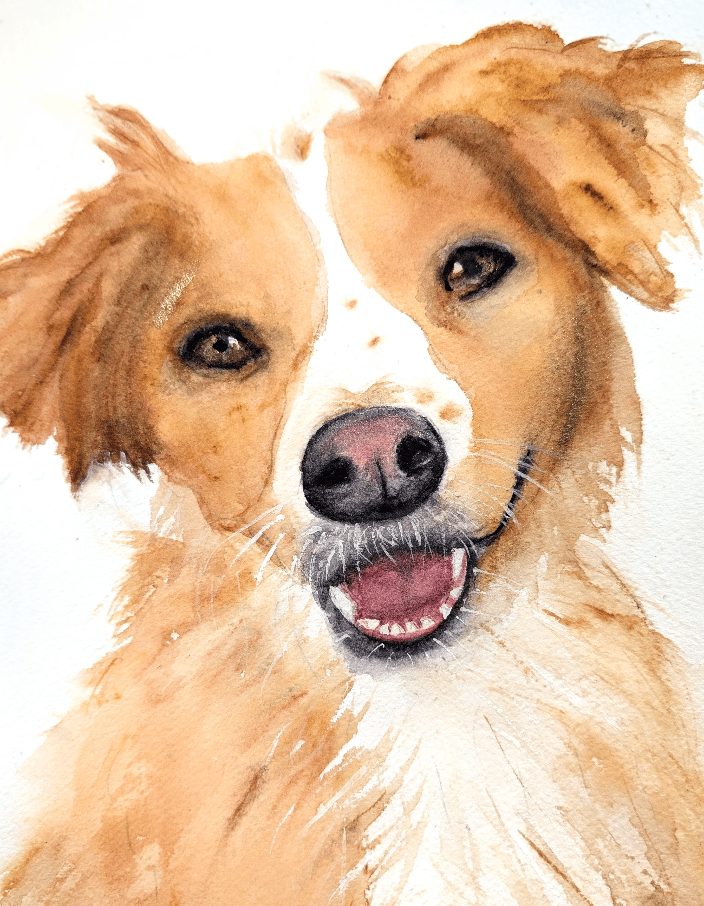 Custom hand-painted watercolor portrait of a mixed-breed, capturing their unique personality.