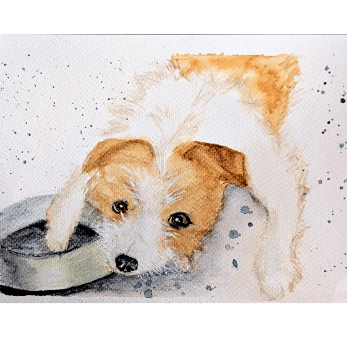 Custom terrier-mix watercolor portrait by Wren, featuring a loose, expressive style and a sweet, soulful expression.
